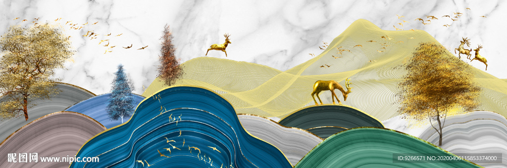 新中式麋鹿抽象线横幅装饰床头画