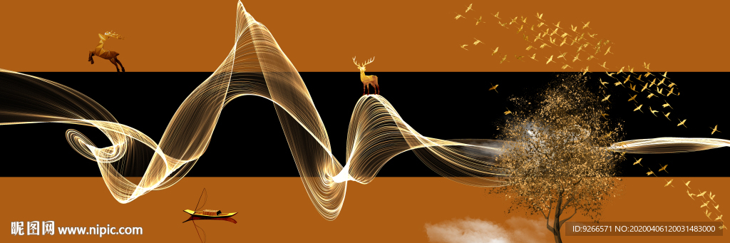 新中式麋鹿抽象线横幅装饰床头画