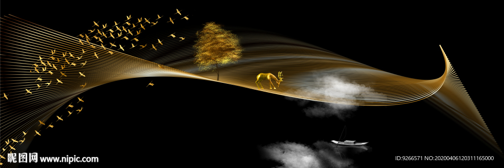 新中式麋鹿抽象线横幅装饰床头画