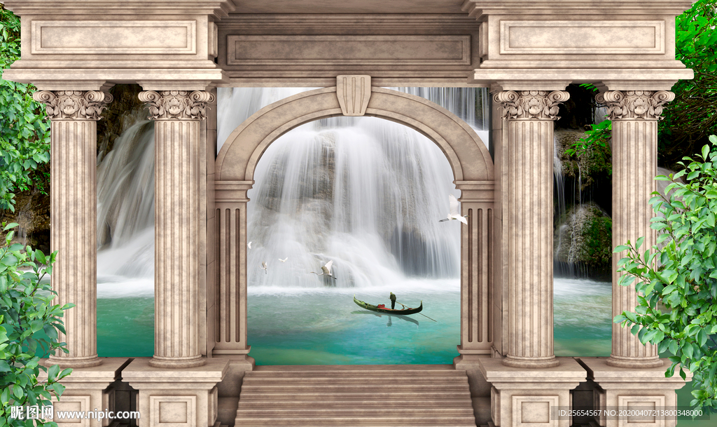 罗马柱3D流水生财背景墙