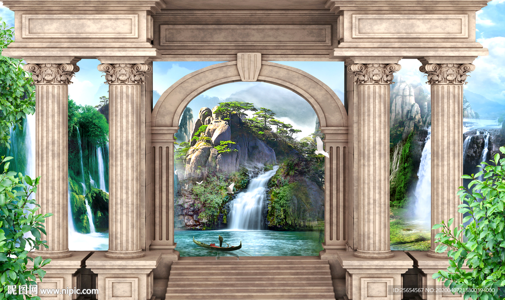 罗马柱3D流水生财背景墙