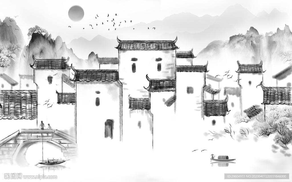 徽派简约山水画 tif分层