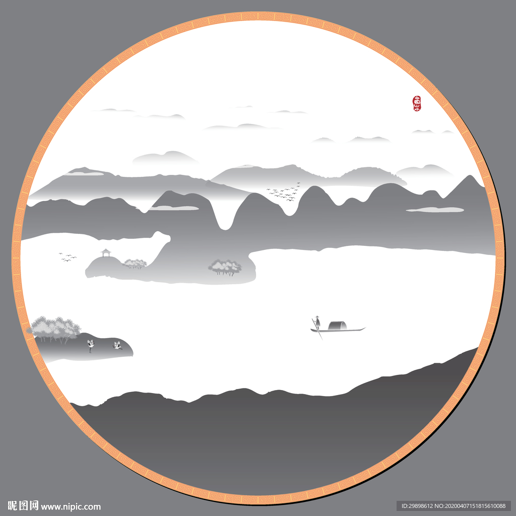 高山湖泊白鹤新中式水墨装饰矢量