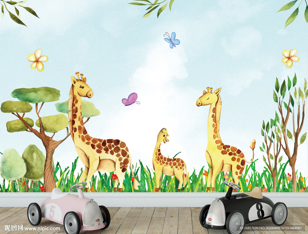 可爱长颈鹿一家儿童背景墙