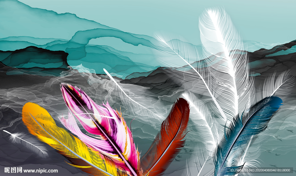 高档羽毛背景墙画 tif分层
