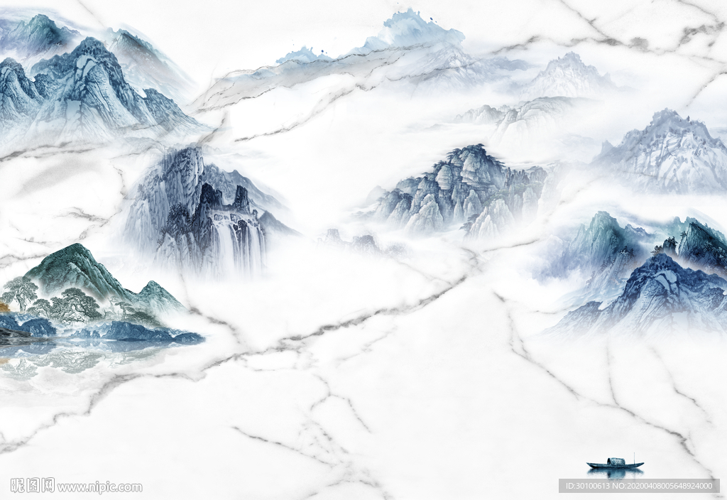 蓝色山水画高档画 TIF分层