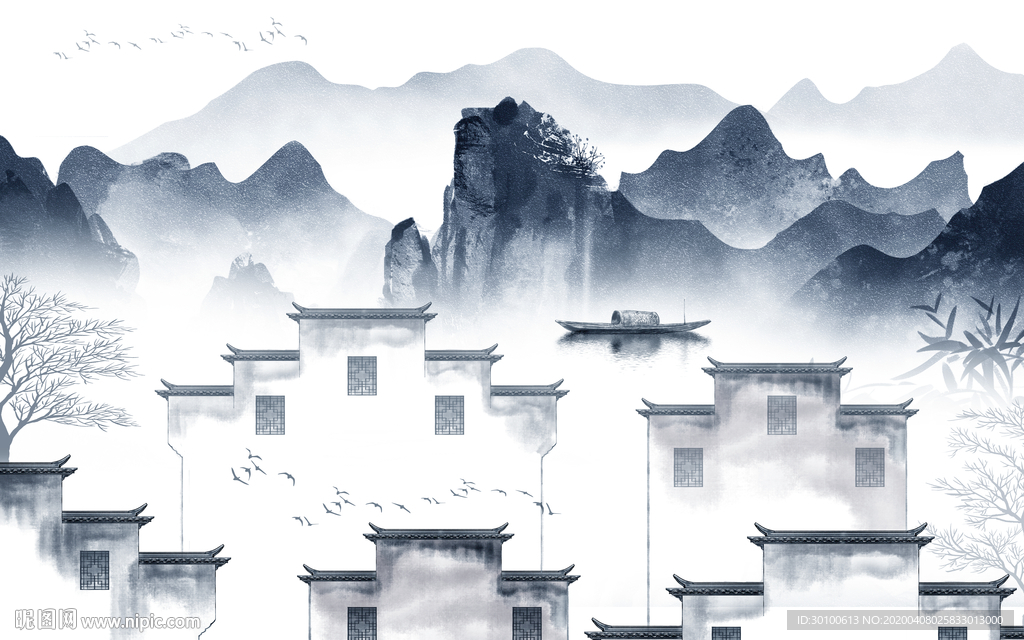 蓝色山水画高档画 TIF分层