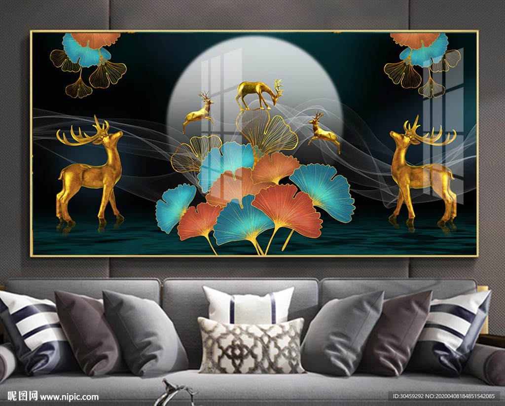 麋鹿银杏叶装饰画