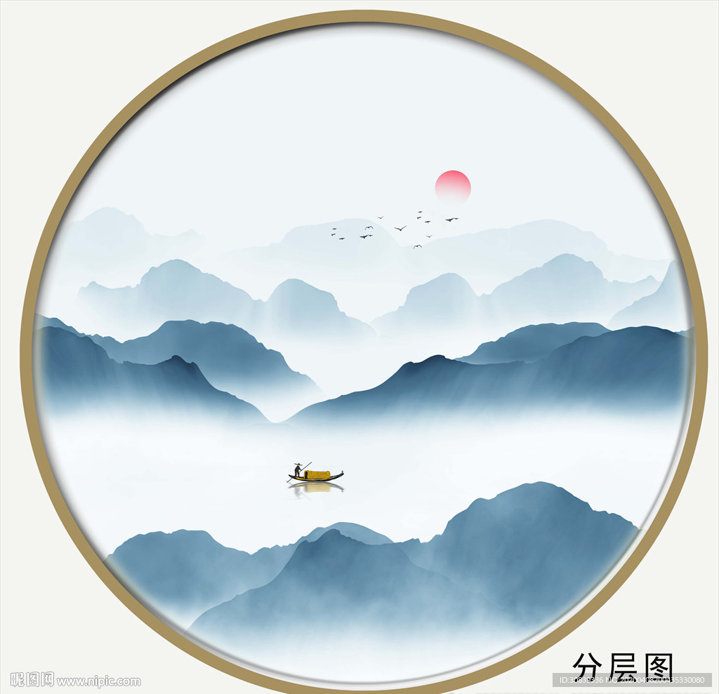 圆形水墨山水画
