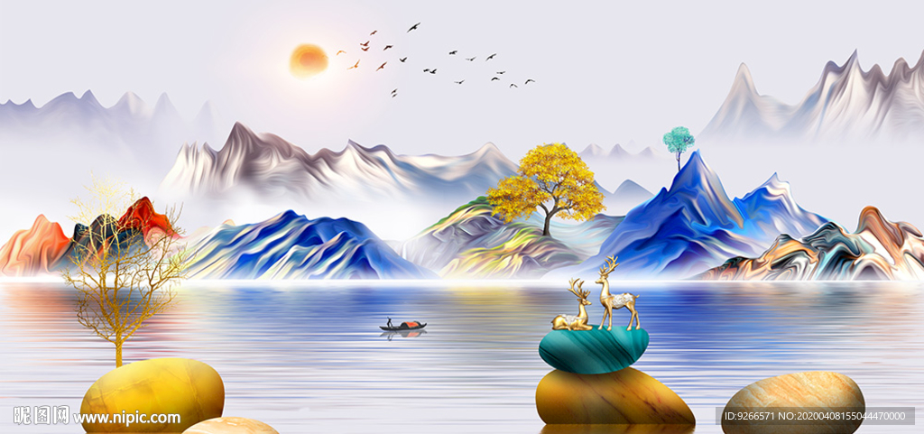 中式石来运转麋鹿抽象横幅装饰画