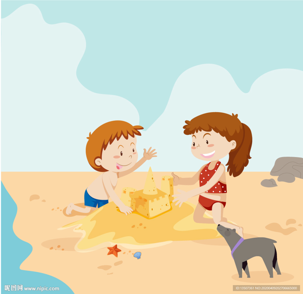 手绘儿童海边玩耍插画