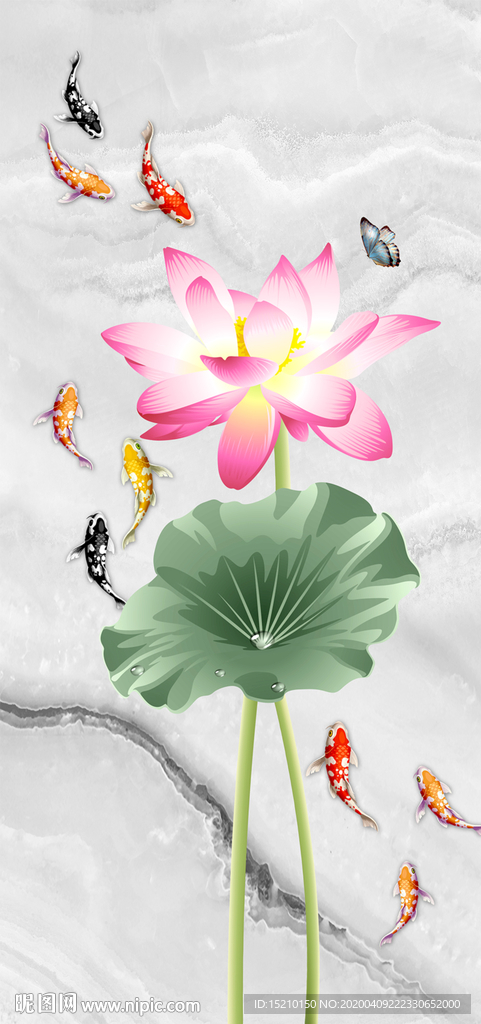 荷花九鱼图玄关背景墙