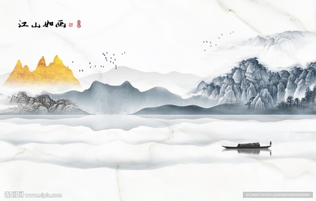 新中式水墨爵士白江山如画背景墙