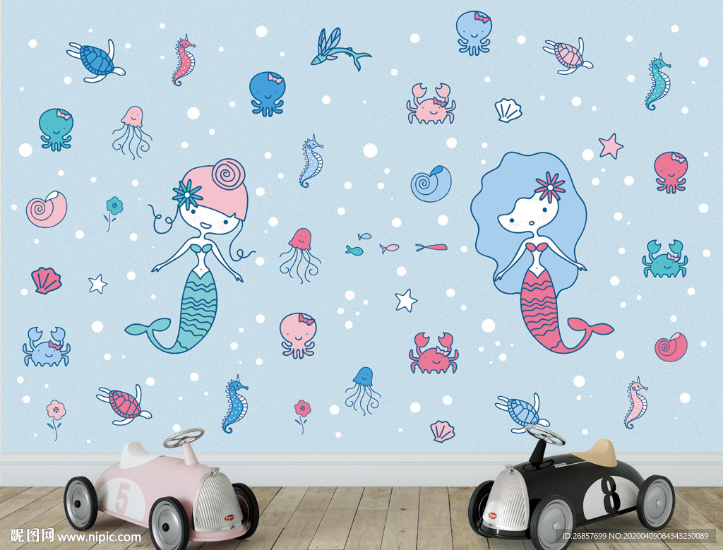 手绘美人鱼背景墙