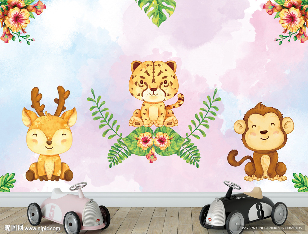 森林动物水彩画 儿童背景墙