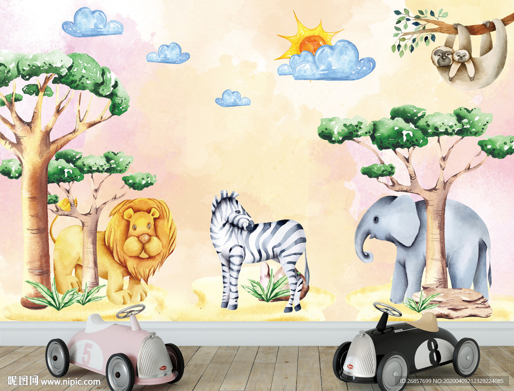 非洲动物水彩画 儿童背景墙