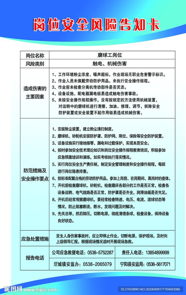 安全生产风险告知卡磨球工岗位