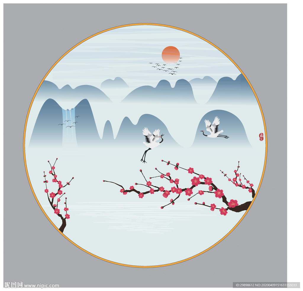 梅花仙鹤高山流水中式水墨装饰矢