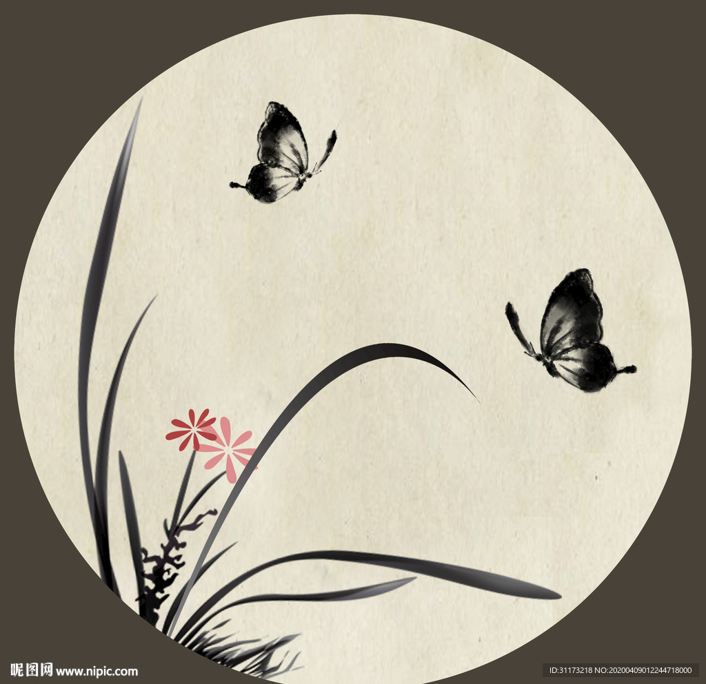 水墨兰花蝴蝶圆形装饰画
