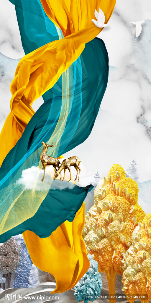中式麋鹿抽象飘带金色装饰画