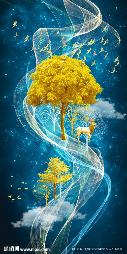 麋鹿线条飘带轻奢抽象装饰画