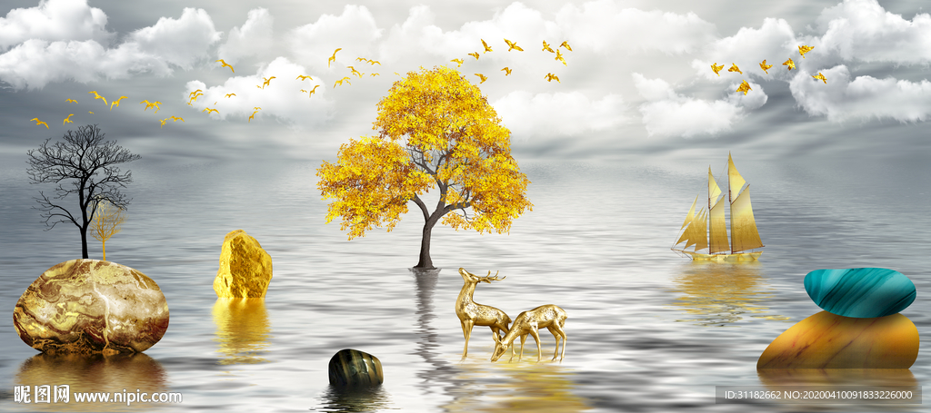 新中式发财树晶瓷画挂画