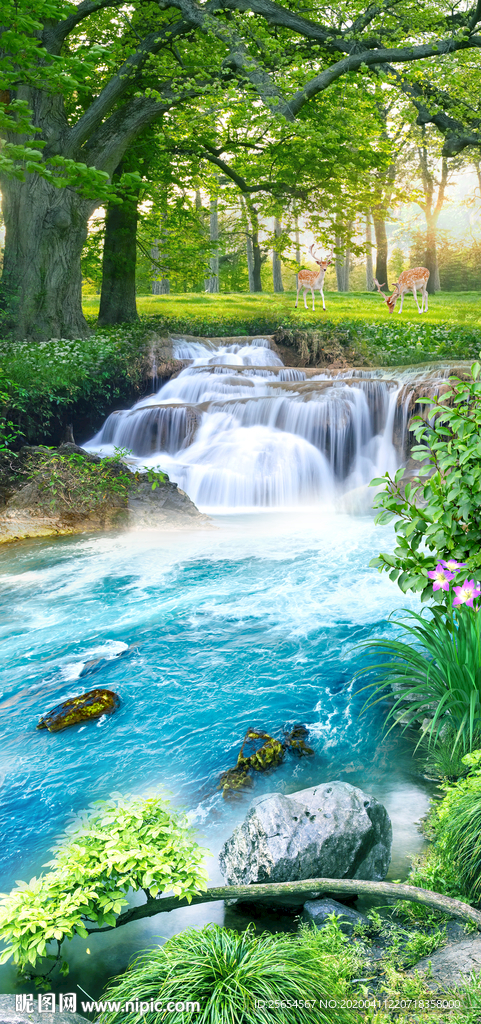 山水流水生财玄关背景墙装饰画