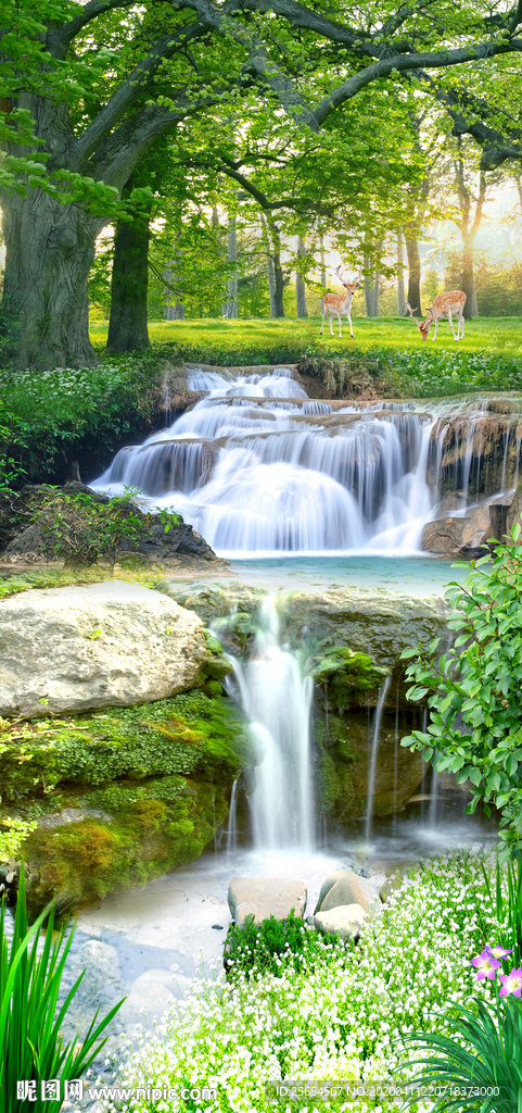 风景画山水流水生财玄关背景墙