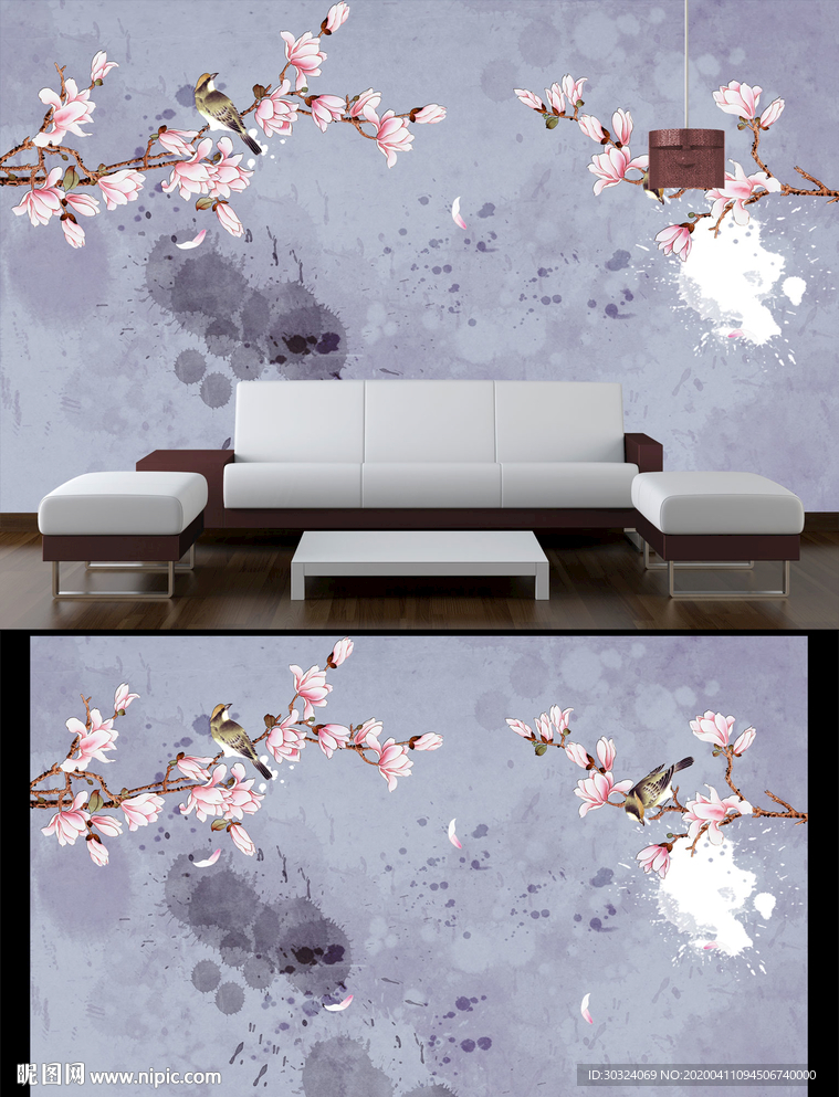 水墨花鸟电视背景墙