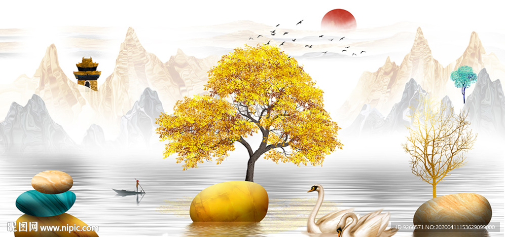 中式石来运转麋鹿山水晶瓷装饰画