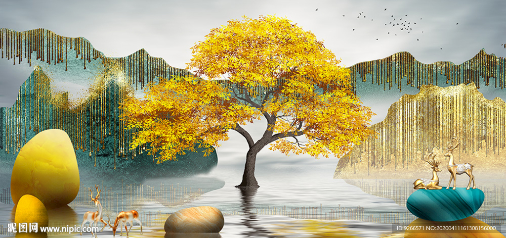 中式石来运转麋鹿山水晶瓷装饰画