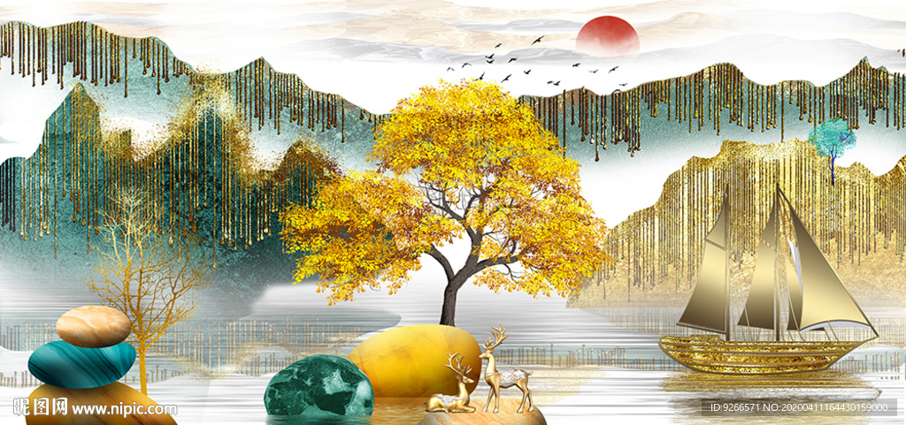 中式石来运转麋鹿山水晶瓷装饰画