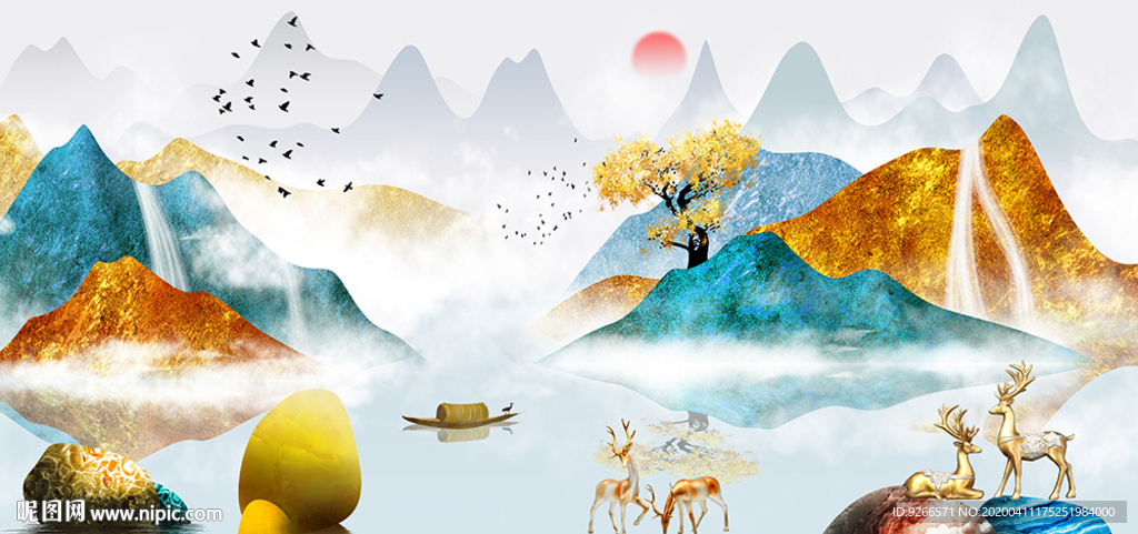 中式石来运转麋鹿山水晶瓷装饰画