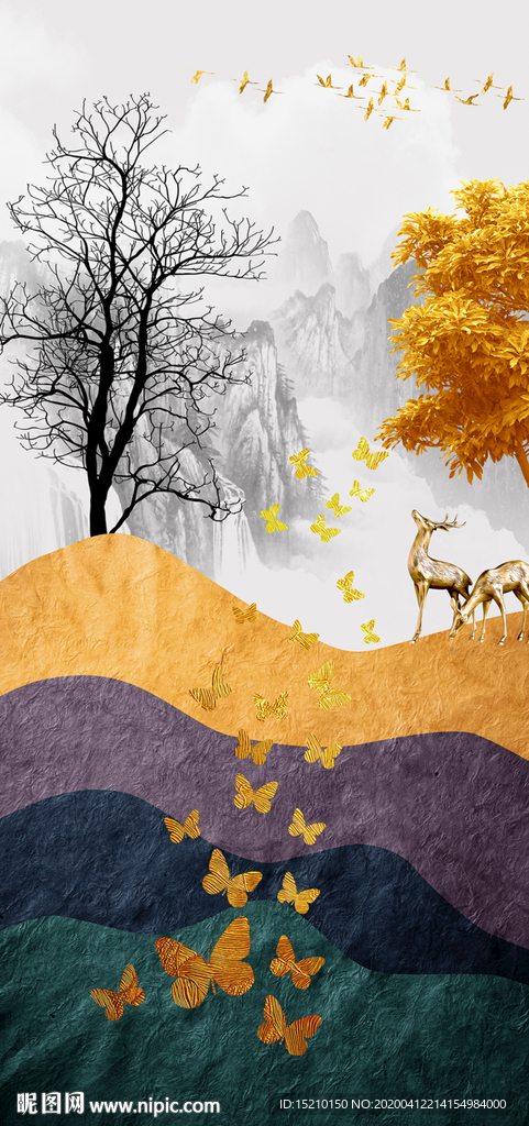 金色山脉发财树玄关背景墙