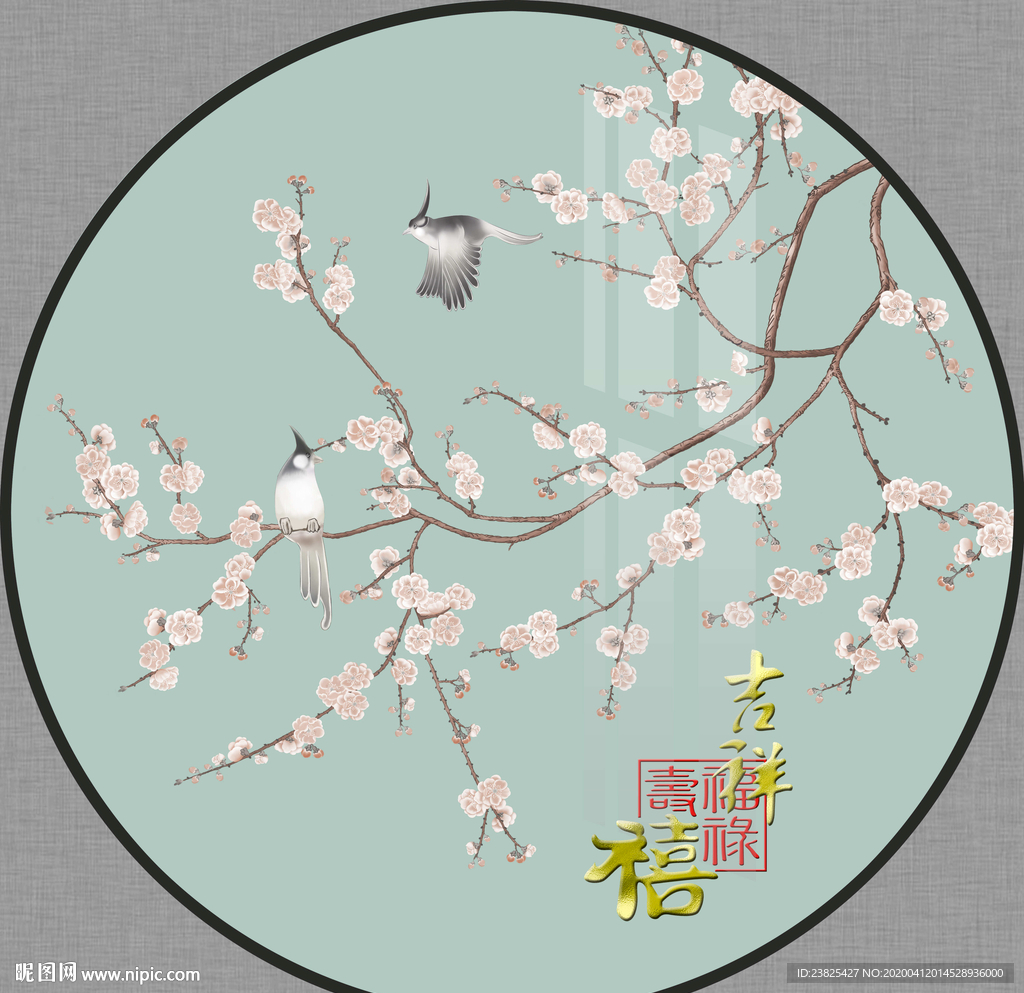 新中式手绘工笔花鸟圆形装饰画
