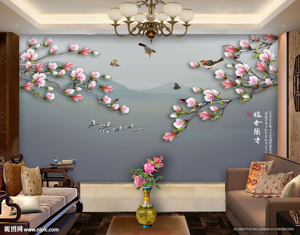 原创玉兰花鸟雅啥兰香背景墙壁画