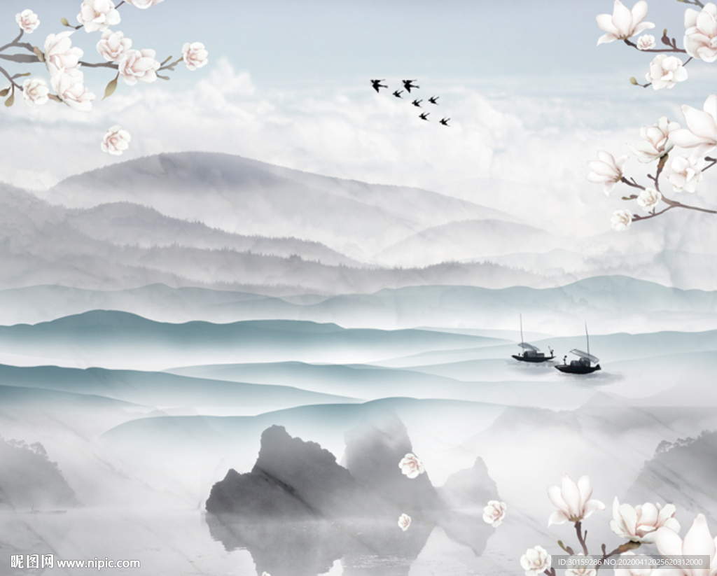 中式手绘山水玉兰花鸟背景