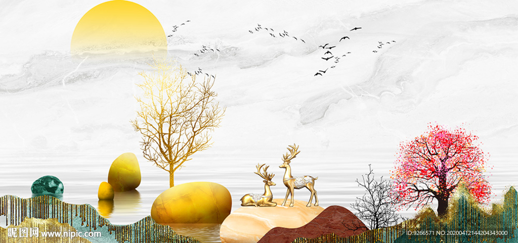 中式石来运转麋鹿山水晶瓷装饰画