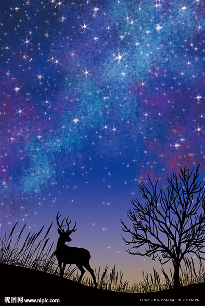 鹿与树板绘 手绘 插画 星空