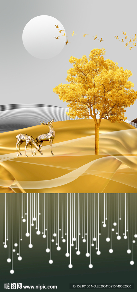 金色丝绸发财树玄关背景墙