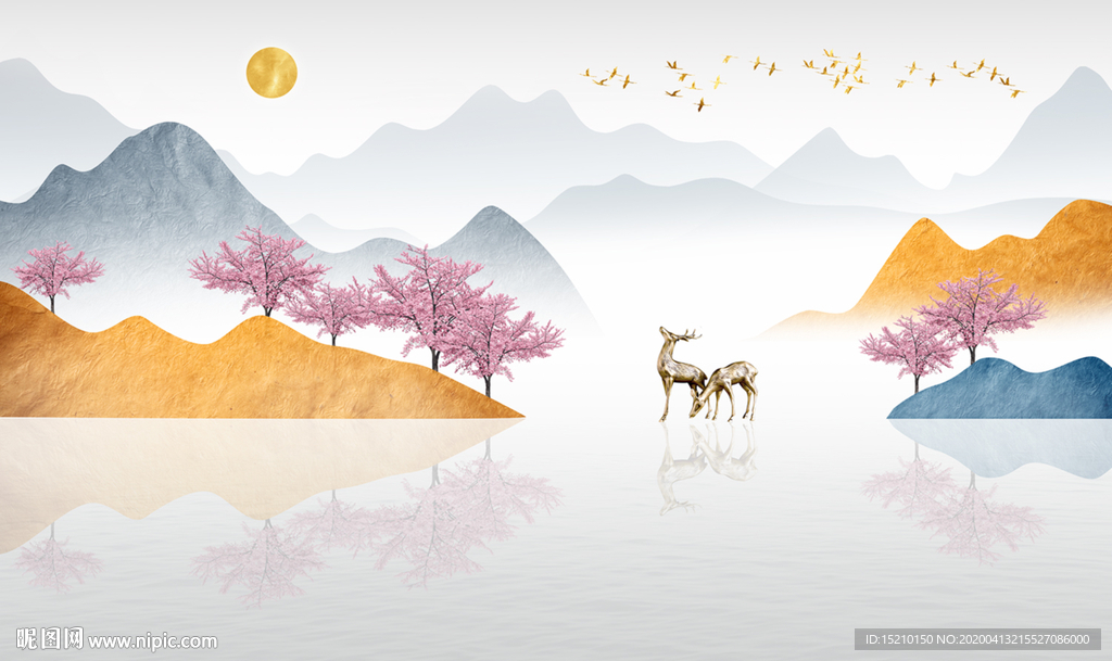 水墨山水抽象树电视背景墙