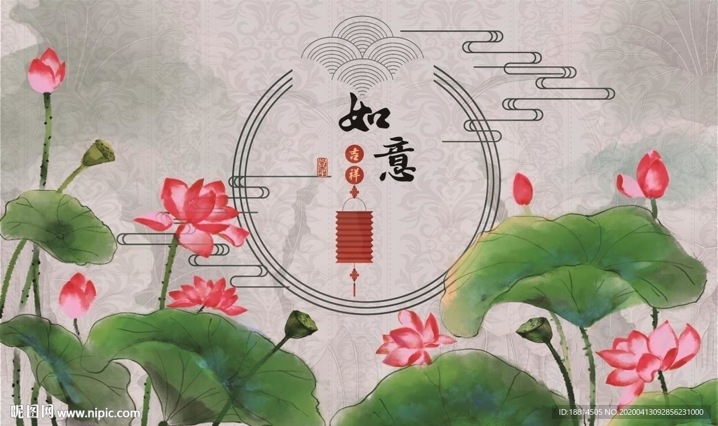 新中式荷花山水背景墙