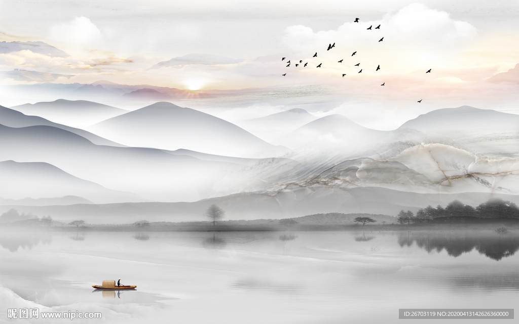 新款爆款高大理石纹山水画背景墙