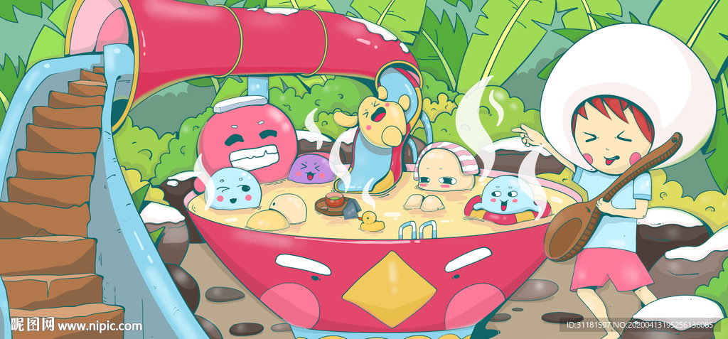 卡通一家人泡温泉插画海报