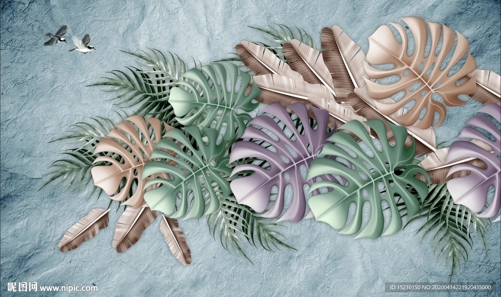 热带叶子电视背景墙