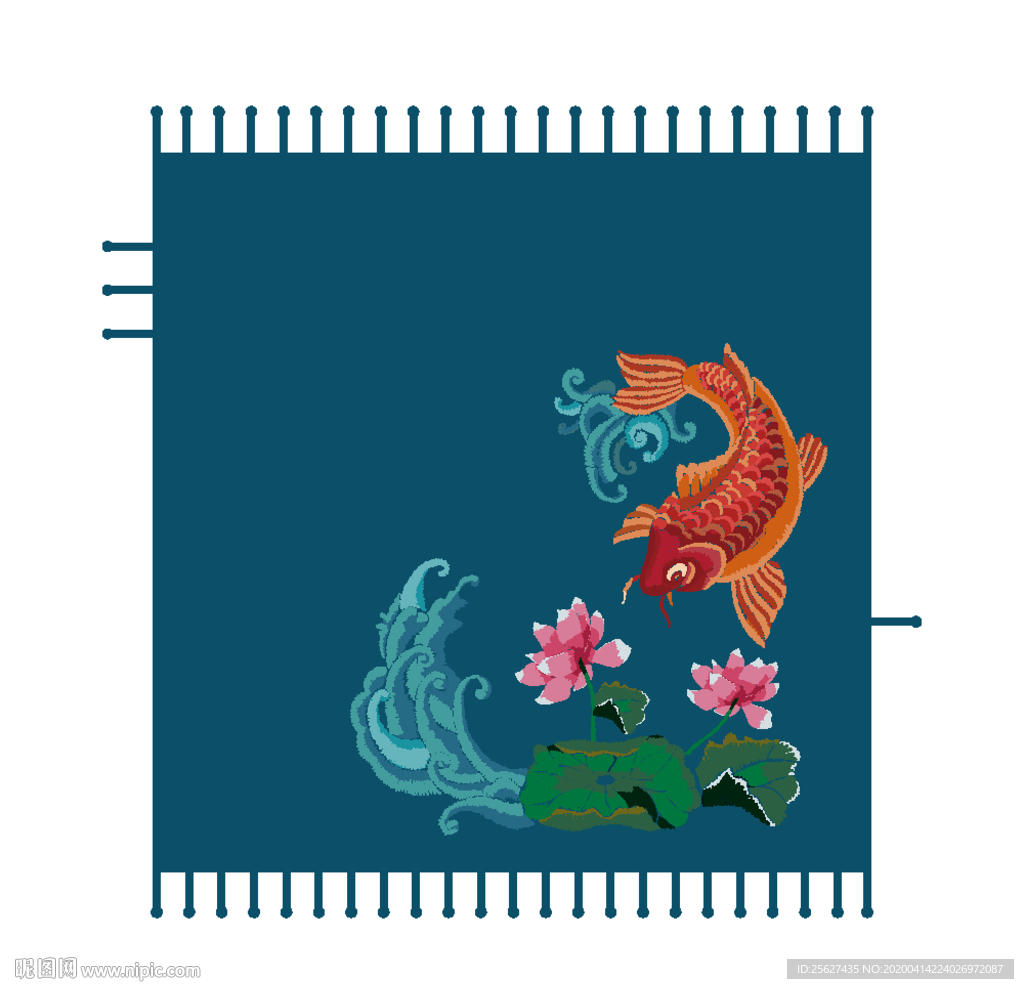 中国风荷花鱼儿刺绣手帕
