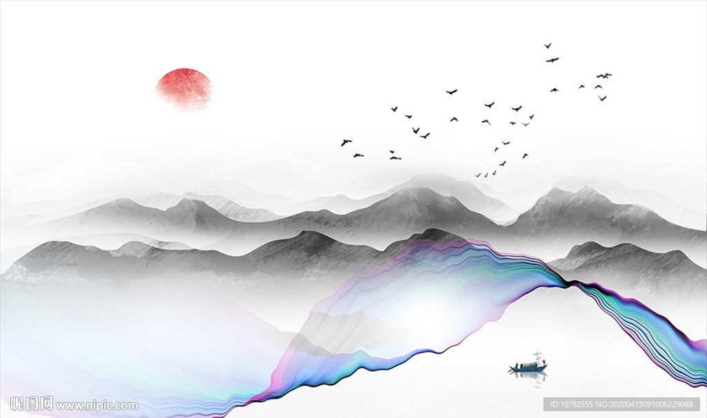 新中式意境抽象水墨山水背景墙