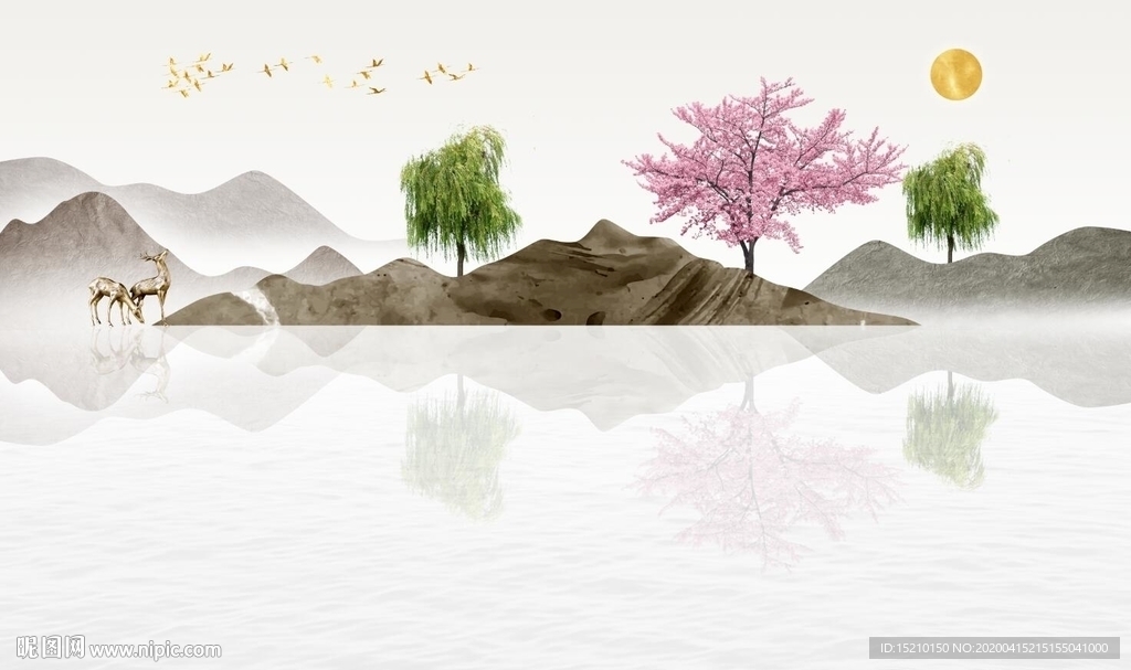 水墨山水垂柳电视背景墙