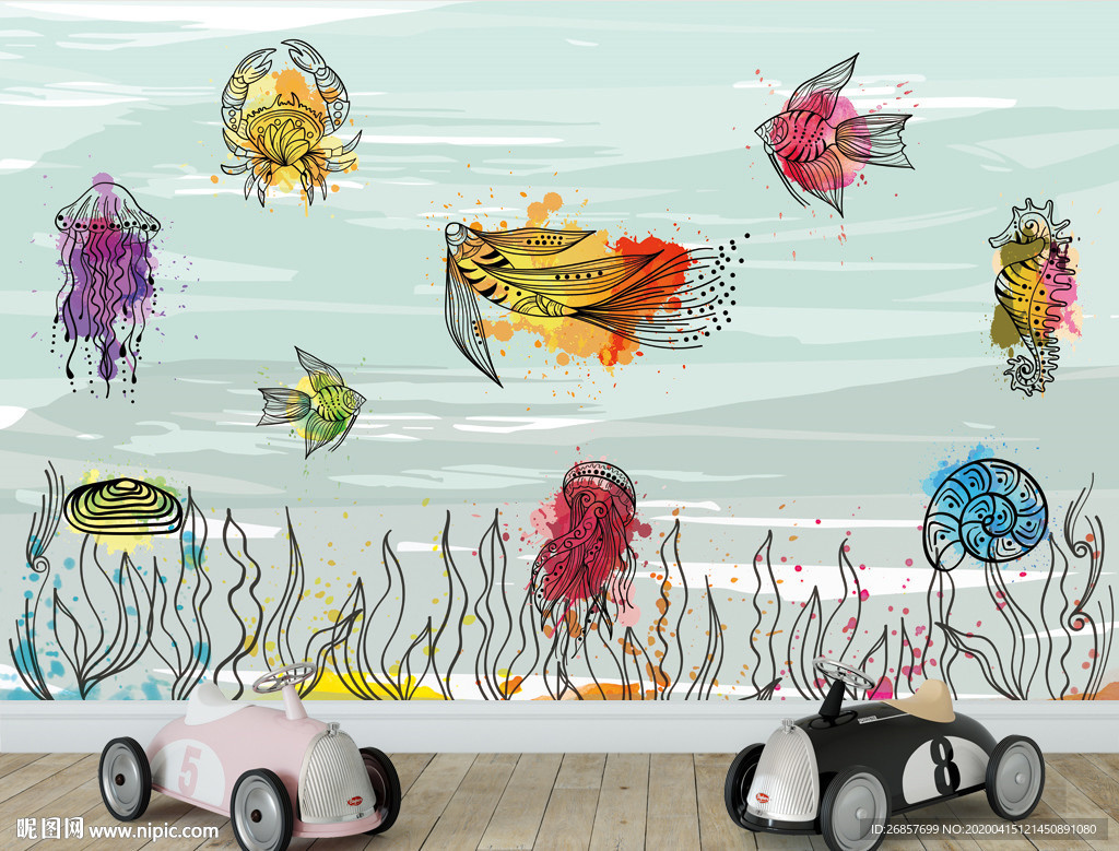 水彩墨迹线条海底动物背景墙