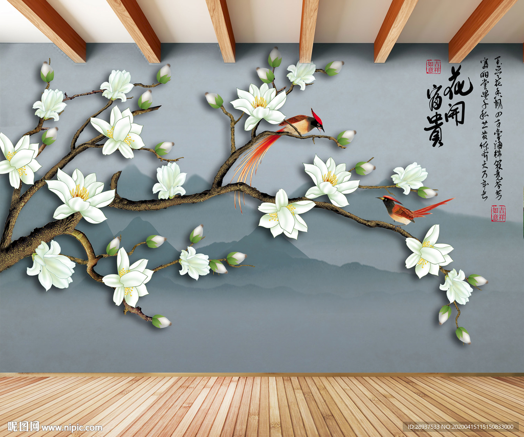 原创手绘玉兰喜鹊山水画背景墙